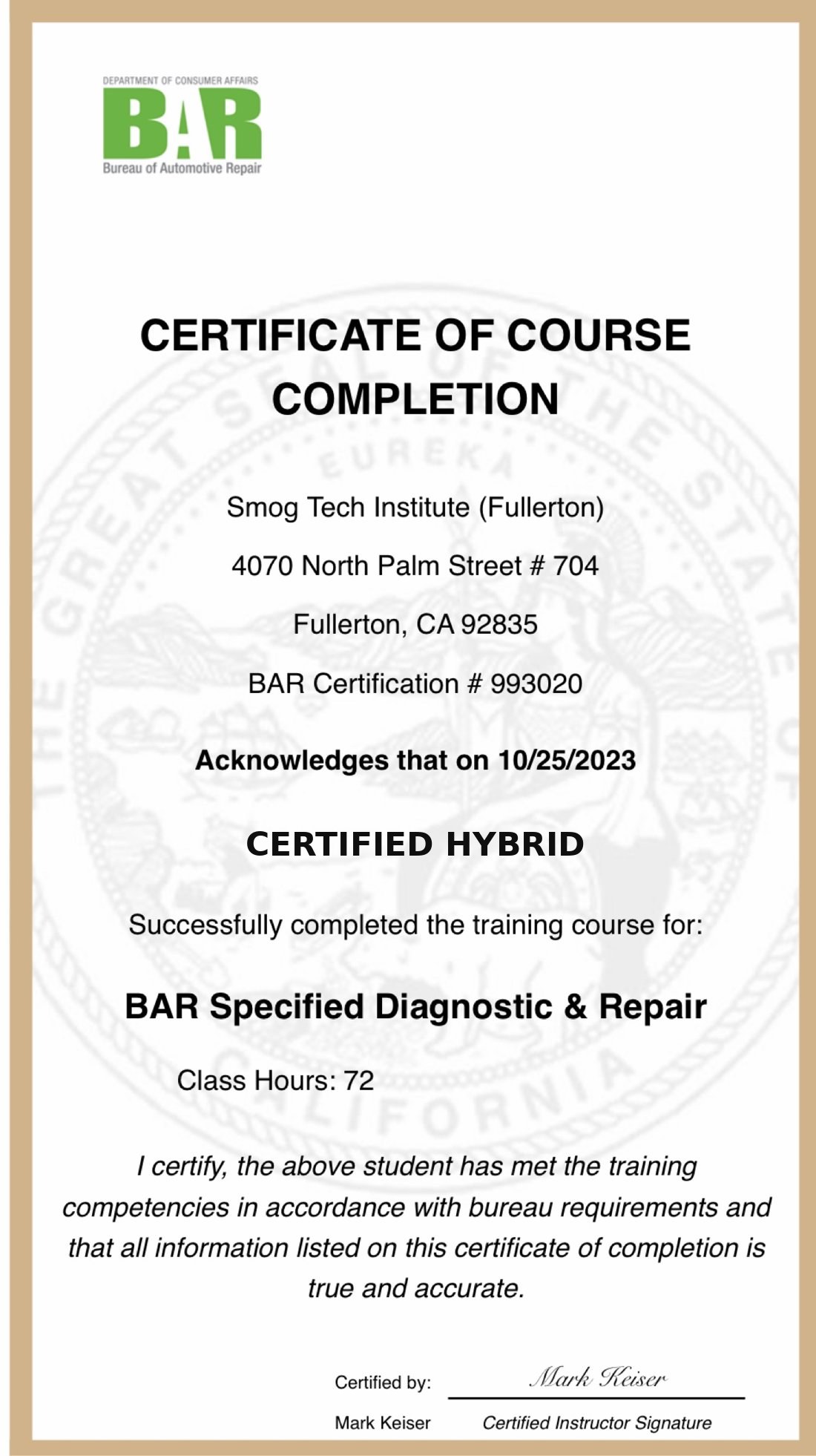 BAR Specified Diagnostic and Repair course completion certificate