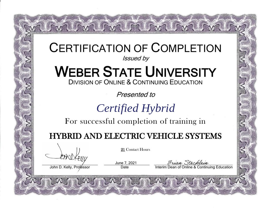 Weber State University — Hybrid and Electric Vehicle Systems certificate