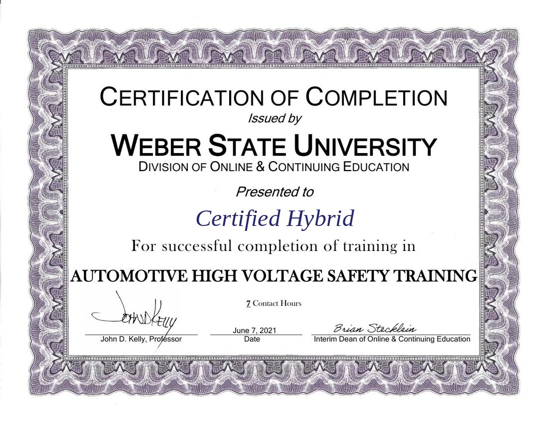 Weber State University — Automotive High Voltage Safety Training certificate