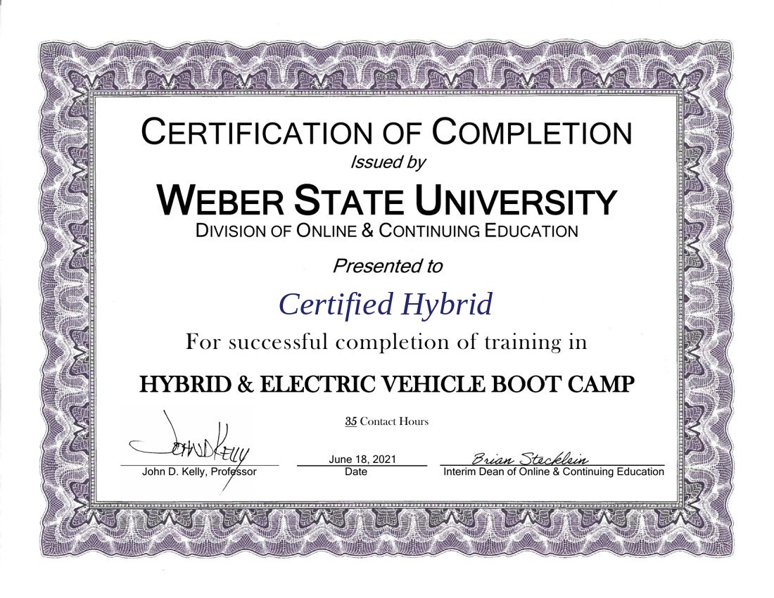 Weber State University — Hybrid and Electric Vehicle Boot Camp certificate