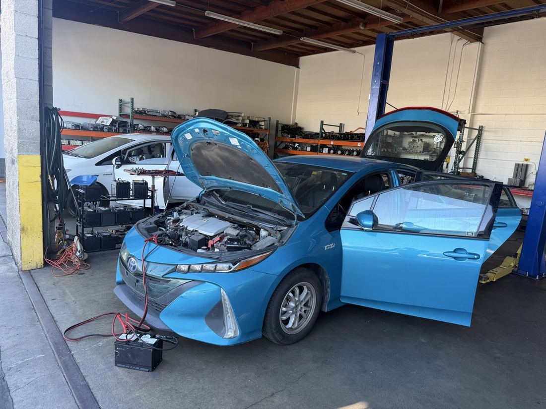 Prius Prime in the bay during a battery replacement
